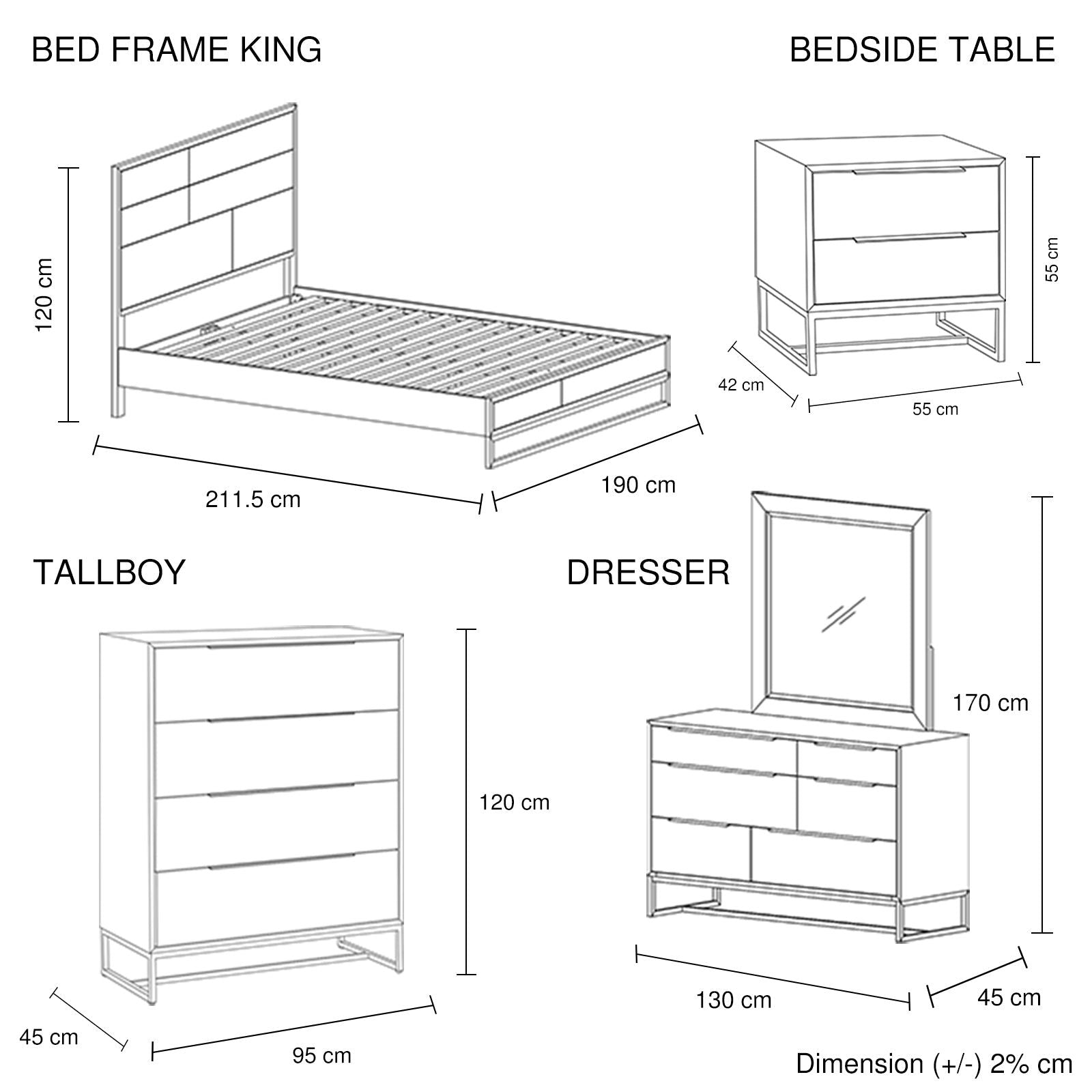 5 Pieces Bedroom Suite made in Solid Wood Acacia Veneered King Size Oak Colour Bed, Bedside Table, Tallboy & Dresser - Cosy Abode