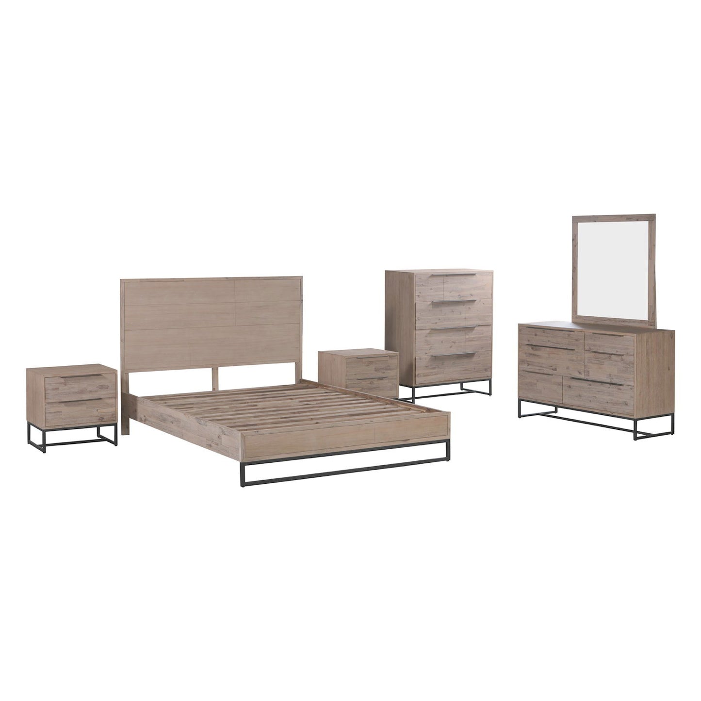 5 Pieces Bedroom Suite made in Solid Wood Acacia Veneered Queen Size Oak Colour Bed, Bedside Table, Tallboy & Dresser - Cosy Abode