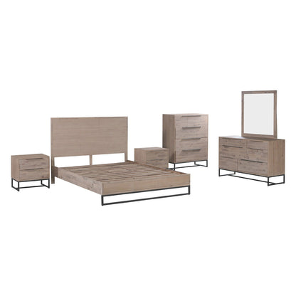 5 Pieces Bedroom Suite made in Solid Wood Acacia Veneered Queen Size Oak Colour Bed, Bedside Table, Tallboy & Dresser - Cosy Abode