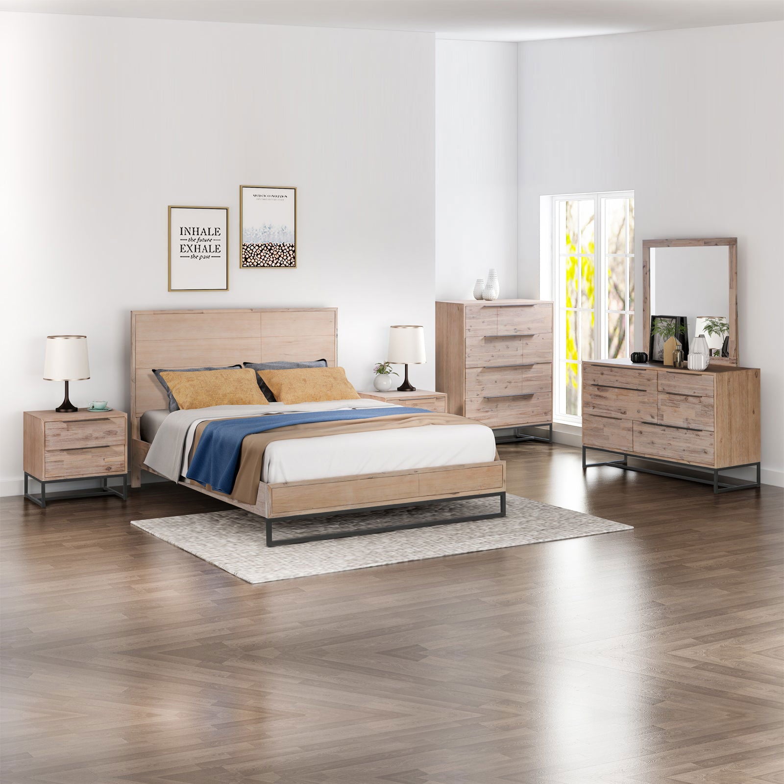 5 Pieces Bedroom Suite made in Solid Wood Acacia Veneered Queen Size Oak Colour Bed, Bedside Table, Tallboy & Dresser - Cosy Abode