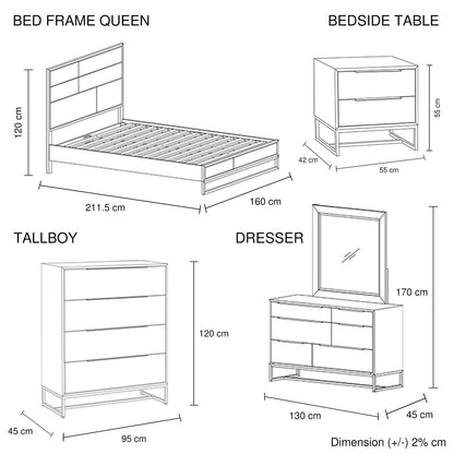 5 Pieces Bedroom Suite made in Solid Wood Acacia Veneered Queen Size Oak Colour Bed, Bedside Table, Tallboy & Dresser - Cosy Abode