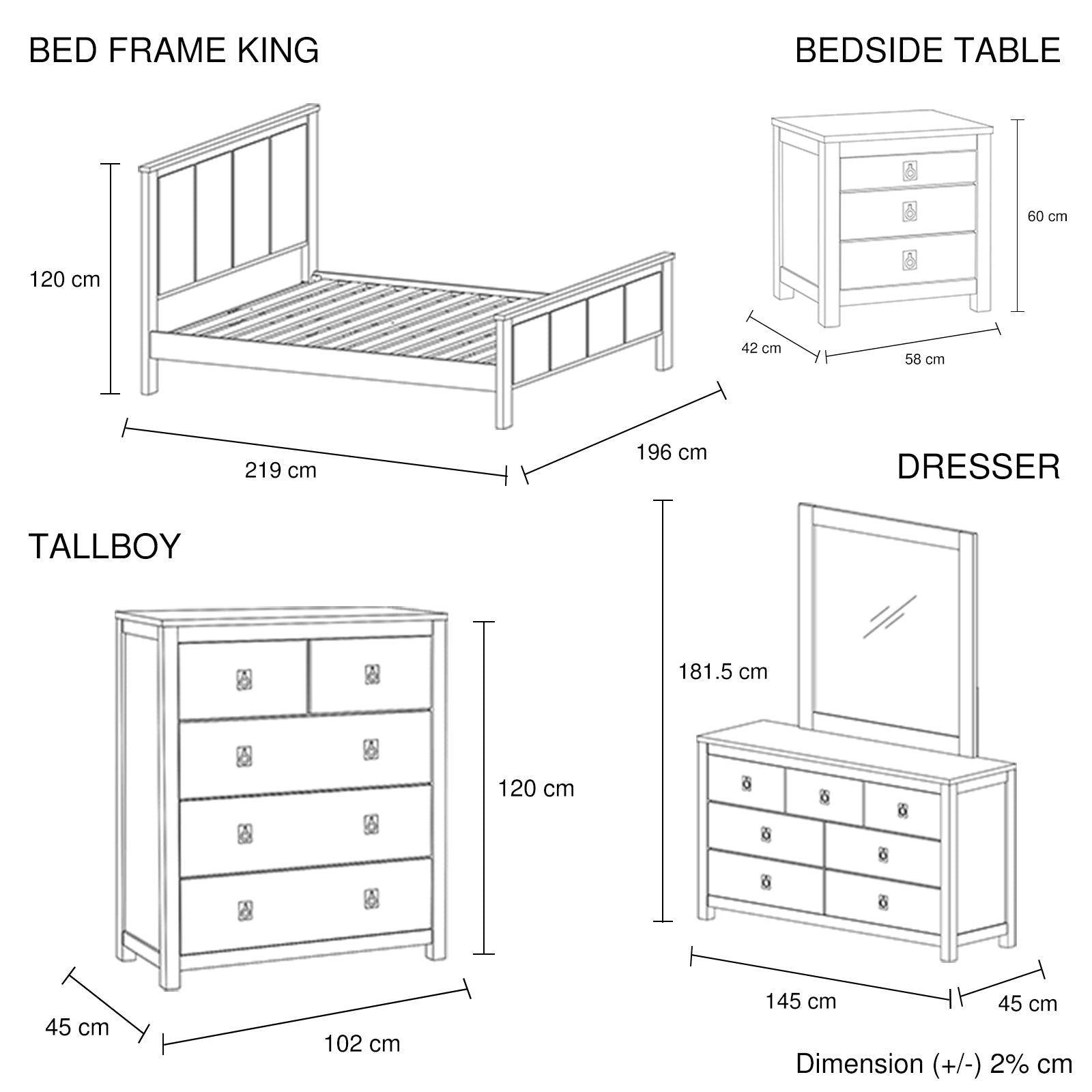 5 Pieces Bedroom Suite with Solid Acacia Wood Veneered Construction in King Size White Ash Colour Bed, Bedside Table , Tallboy & Dresser - Cosy Abode