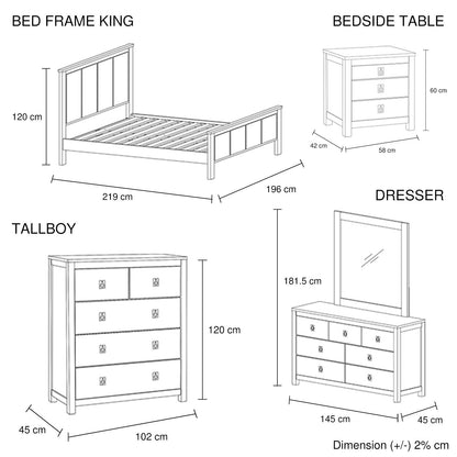 5 Pieces Bedroom Suite with Solid Acacia Wood Veneered Construction in King Size White Ash Colour Bed, Bedside Table , Tallboy & Dresser - Cosy Abode