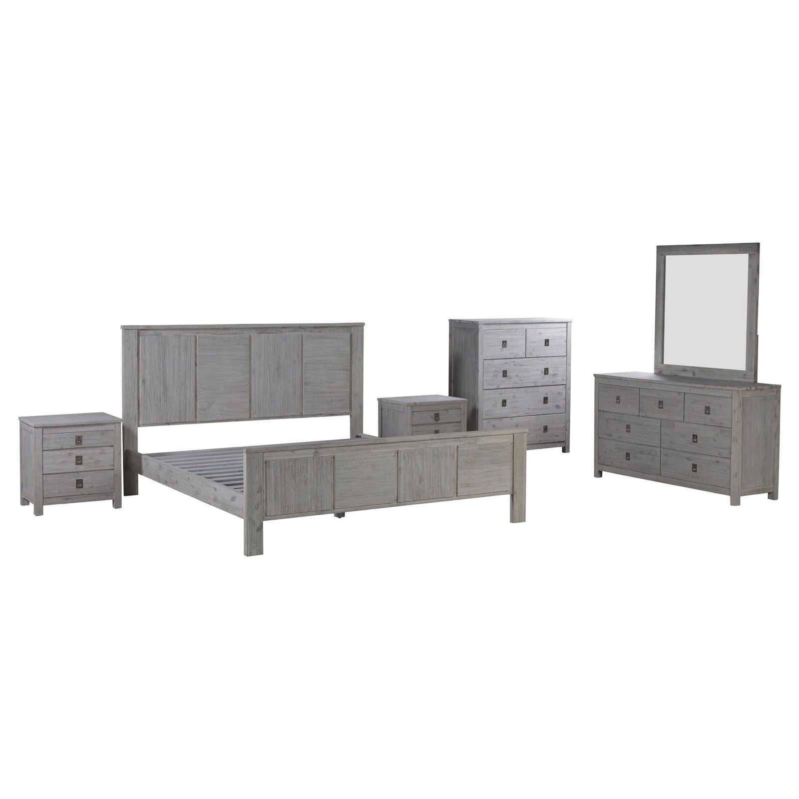 5 Pieces Bedroom Suite with Solid Acacia Wood Veneered Construction in Queen Size White Ash Colour Bed, Bedside Table , Tallboy & Dresser - Cosy Abode