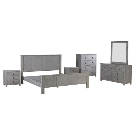 5 Pieces Bedroom Suite with Solid Acacia Wood Veneered Construction in Queen Size White Ash Colour Bed, Bedside Table , Tallboy & Dresser - Cosy Abode