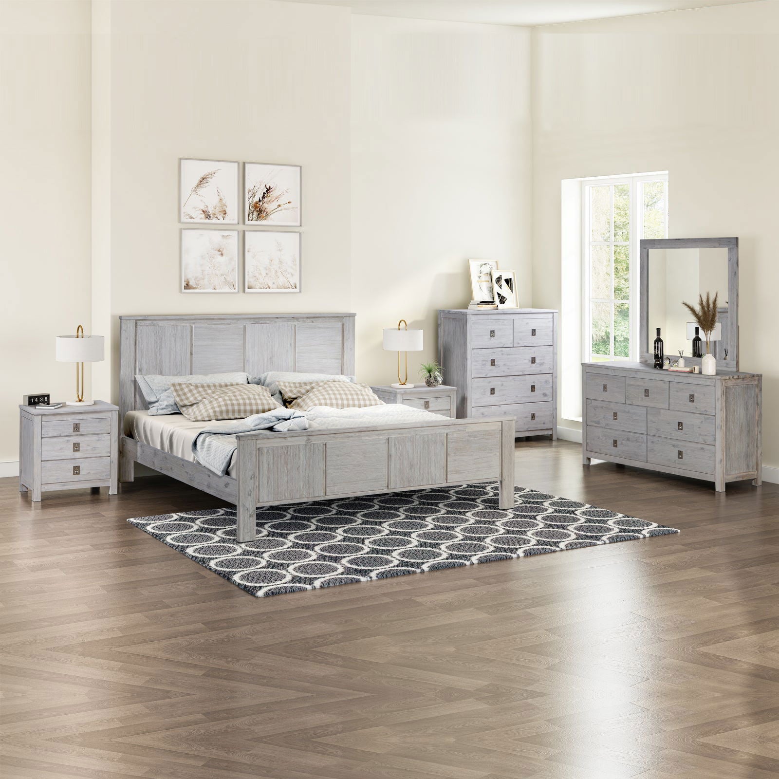 5 Pieces Bedroom Suite with Solid Acacia Wood Veneered Construction in Queen Size White Ash Colour Bed, Bedside Table , Tallboy & Dresser - Cosy Abode
