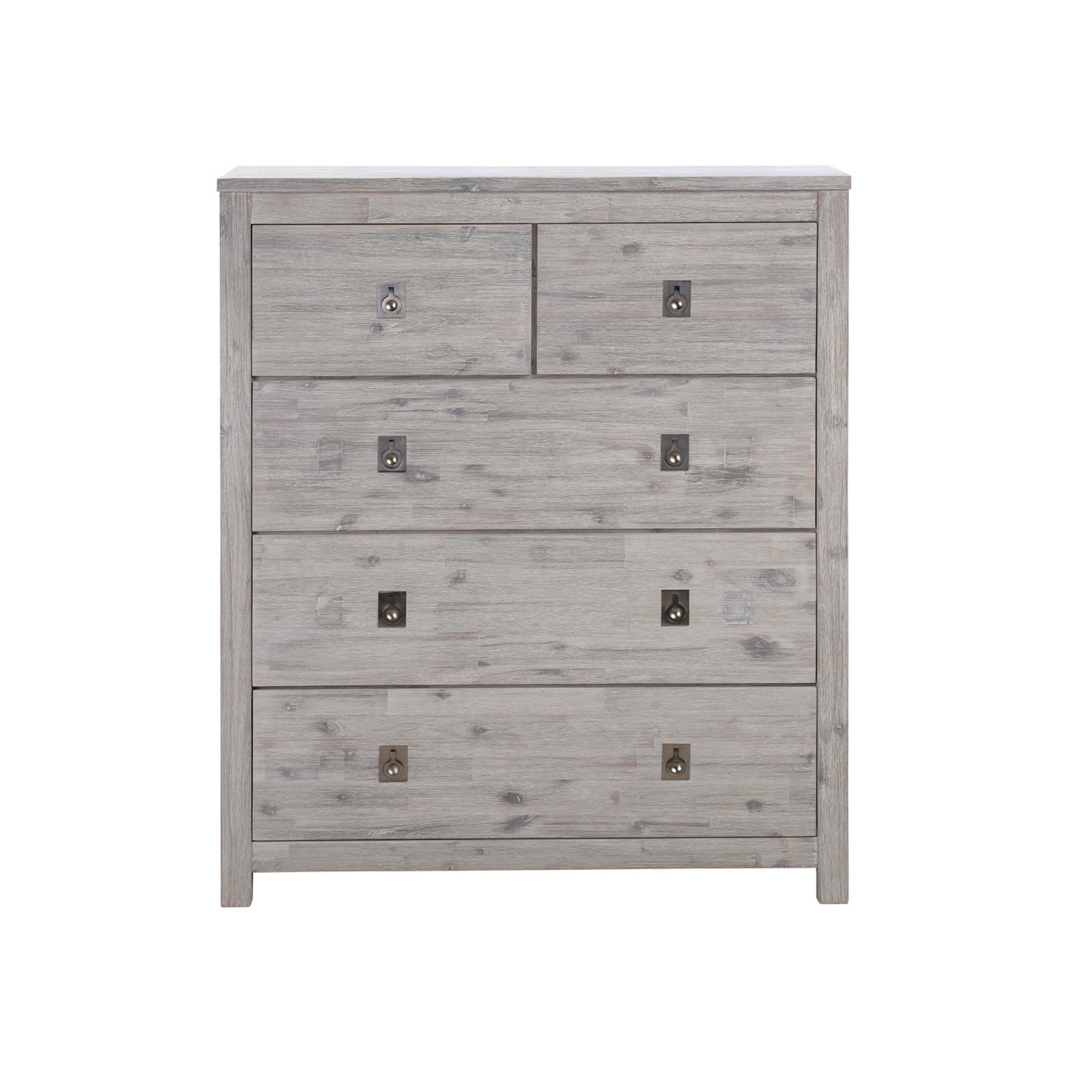5 Pieces Bedroom Suite with Solid Acacia Wood Veneered Construction in Queen Size White Ash Colour Bed, Bedside Table , Tallboy & Dresser - Cosy Abode