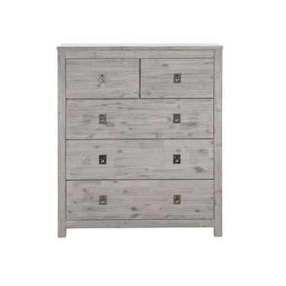 5 Pieces Bedroom Suite with Solid Acacia Wood Veneered Construction in Queen Size White Ash Colour Bed, Bedside Table , Tallboy & Dresser - Cosy Abode