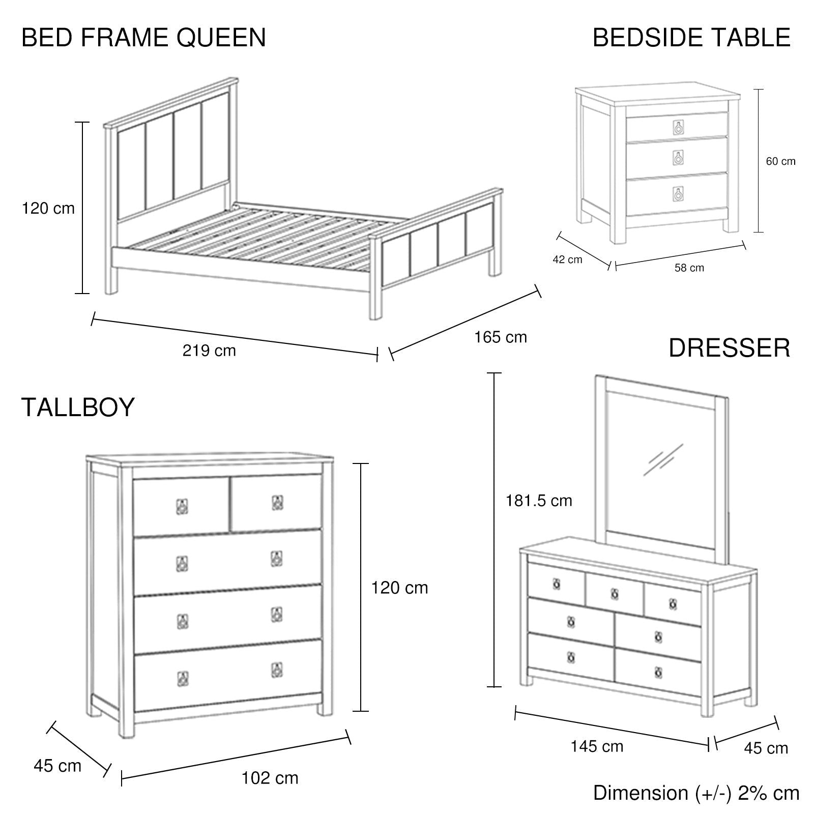5 Pieces Bedroom Suite with Solid Acacia Wood Veneered Construction in Queen Size White Ash Colour Bed, Bedside Table , Tallboy & Dresser - Cosy Abode