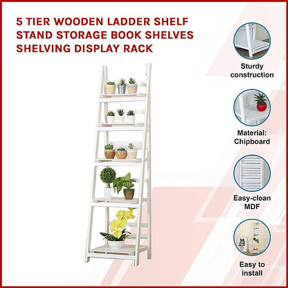 5 Tier Wooden Ladder Shelf Stand Storage Book Shelves Shelving Display Rack - Cosy Abode