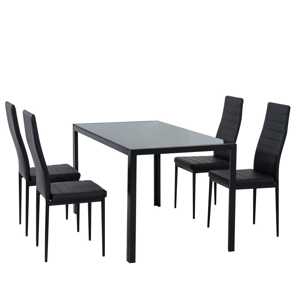 5pc Glass Top Table and 4 x PU Leather Chairs - Black - Cosy Abode
