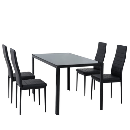 5pc Glass Top Table and 4 x PU Leather Chairs - Black - Cosy Abode