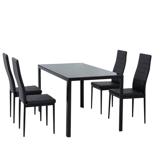 5pc Glass Top Table and 4 x PU Leather Chairs - Black - Cosy Abode