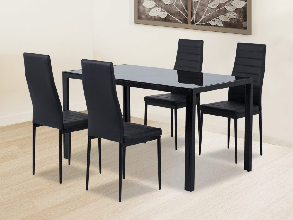 5pc Glass Top Table and 4 x PU Leather Chairs - Black - Cosy Abode