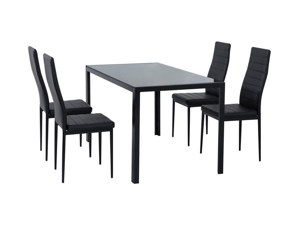 5pc Glass Top Table and 4 x PU Leather Chairs - Black - Cosy Abode