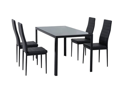 5pc Glass Top Table and 4 x PU Leather Chairs - Black - Cosy Abode