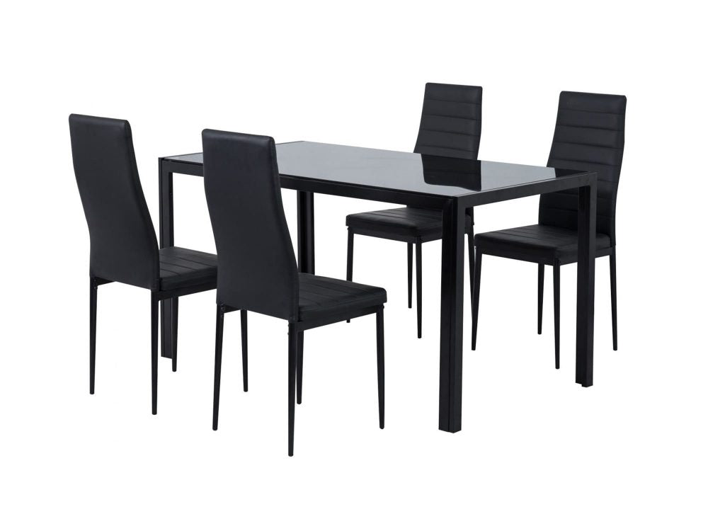 5pc Glass Top Table and 4 x PU Leather Chairs - Black - Cosy Abode
