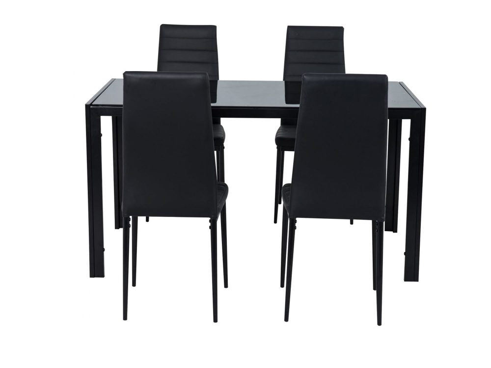5pc Glass Top Table and 4 x PU Leather Chairs - Black - Cosy Abode