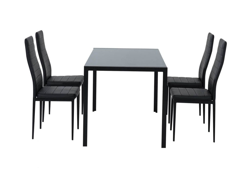 5pc Glass Top Table and 4 x PU Leather Chairs - Black - Cosy Abode