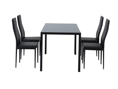 5pc Glass Top Table and 4 x PU Leather Chairs - Black - Cosy Abode