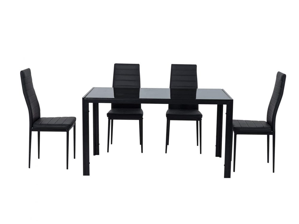 5pc Glass Top Table and 4 x PU Leather Chairs - Black - Cosy Abode