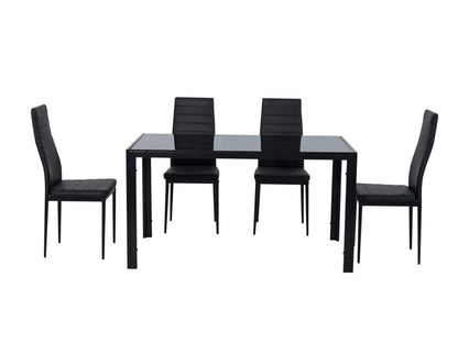5pc Glass Top Table and 4 x PU Leather Chairs - Black - Cosy Abode
