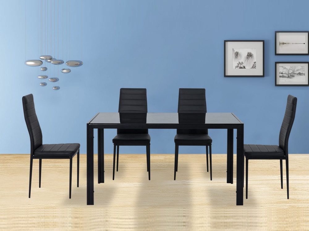 5pc Glass Top Table and 4 x PU Leather Chairs - Black - Cosy Abode