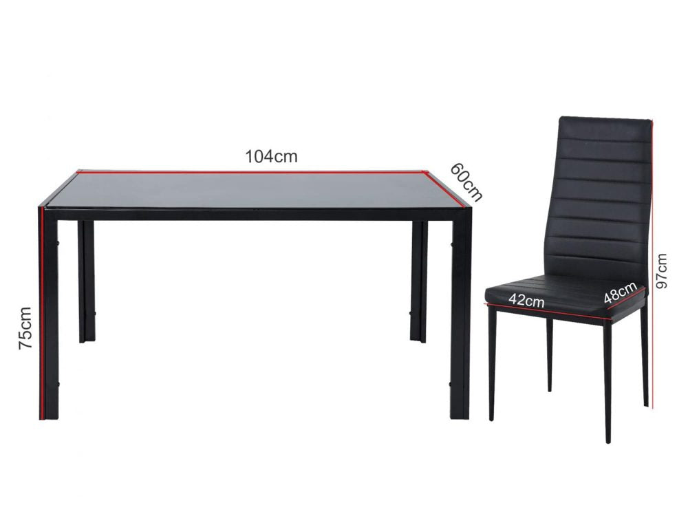 5pc Glass Top Table and 4 x PU Leather Chairs - Black - Cosy Abode
