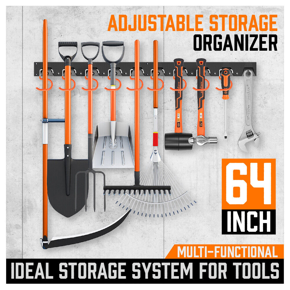 64" Wall Mount Tool Hanger Garden Storage Organizer Mop Broom Holder Hook Pegs - Cosy Abode