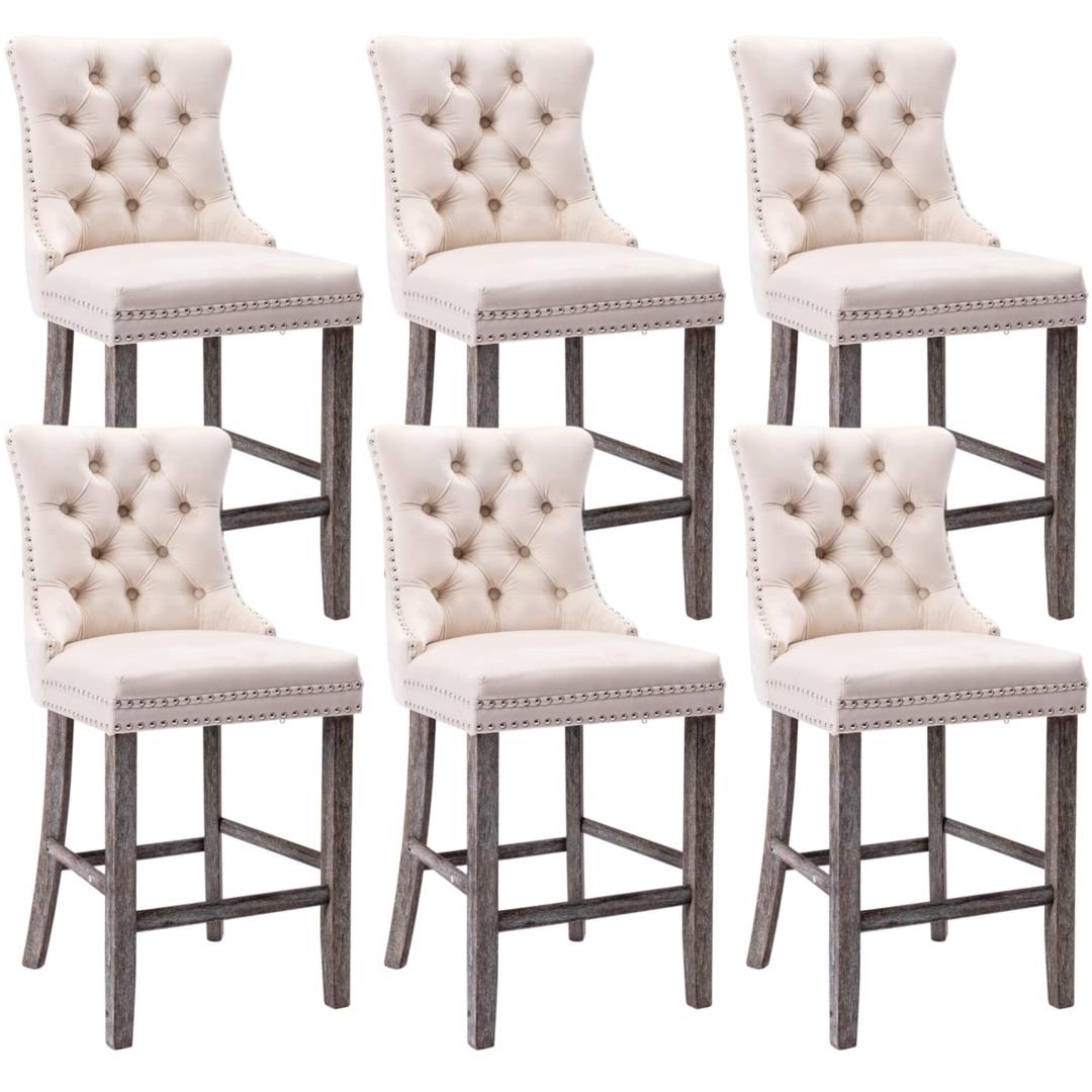 6X Velvet Bar Stools with Studs Trim Wooden Legs Tufted Dining Chairs Kitchen - Cosy Abode
