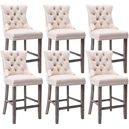 6X Velvet Bar Stools with Studs Trim Wooden Legs Tufted Dining Chairs Kitchen - Cosy Abode