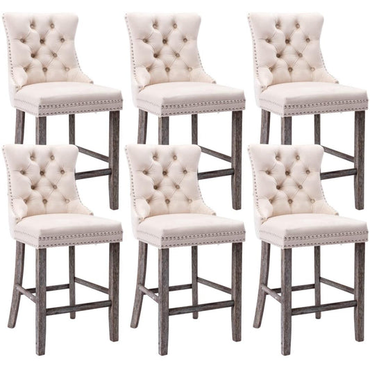 6X Velvet Bar Stools with Studs Trim Wooden Legs Tufted Dining Chairs Kitchen - Cosy Abode