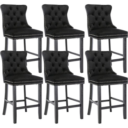 6X Velvet Bar Stools with Studs Trim Wooden Legs Tufted Dining Chairs Kitchen - Cosy Abode