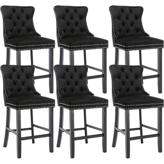 6X Velvet Bar Stools with Studs Trim Wooden Legs Tufted Dining Chairs Kitchen - Cosy Abode