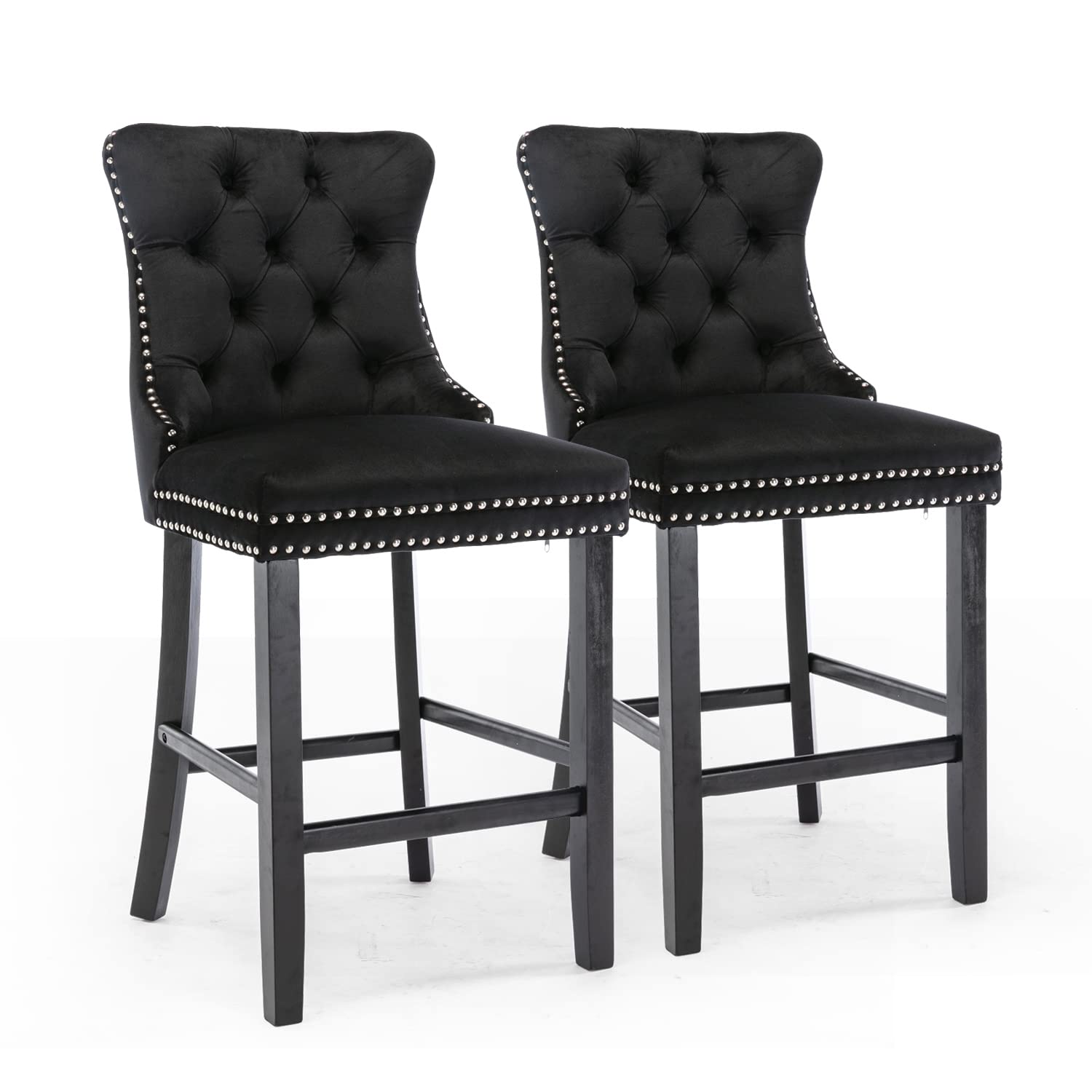 6X Velvet Bar Stools with Studs Trim Wooden Legs Tufted Dining Chairs Kitchen - Cosy Abode