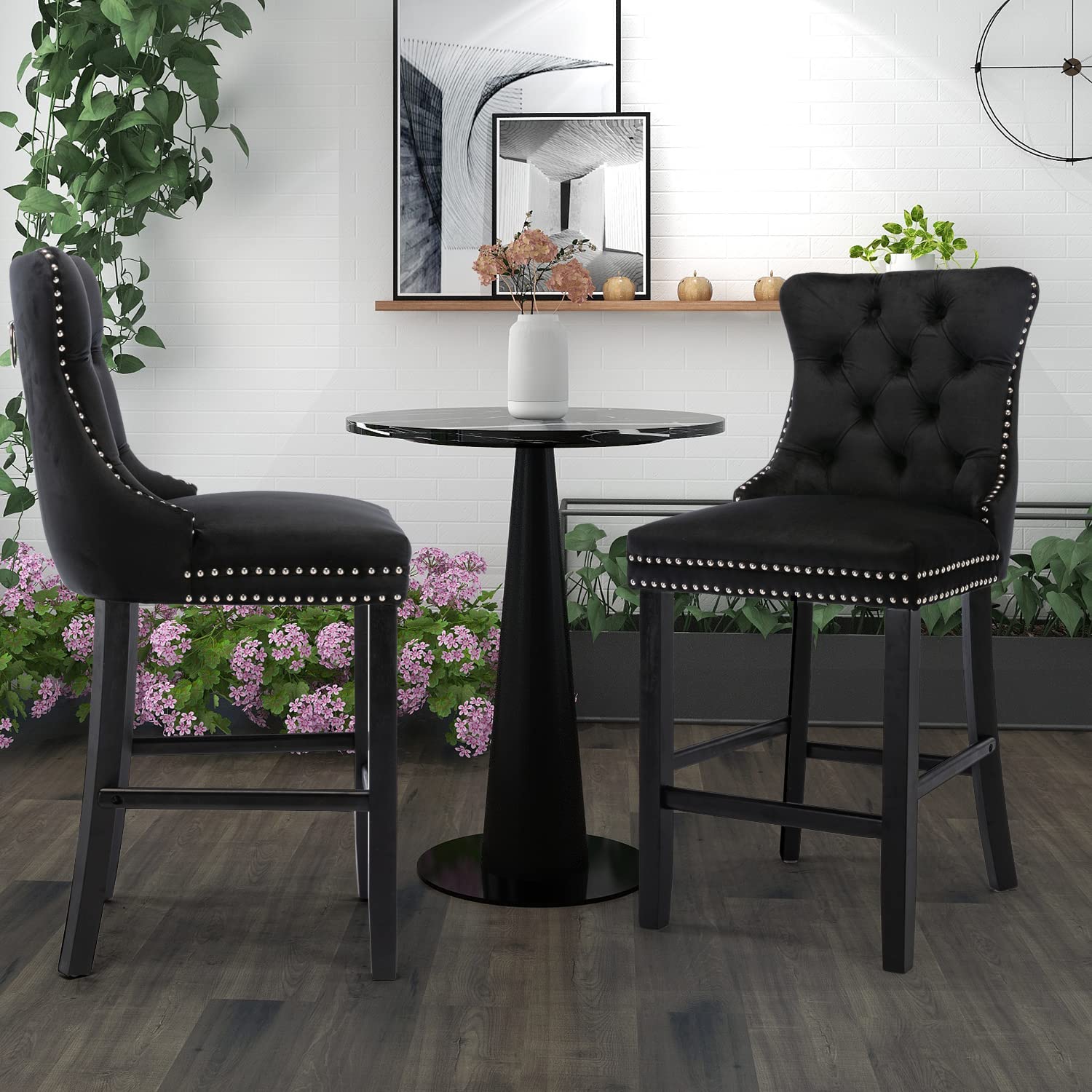 6X Velvet Bar Stools with Studs Trim Wooden Legs Tufted Dining Chairs Kitchen - Cosy Abode