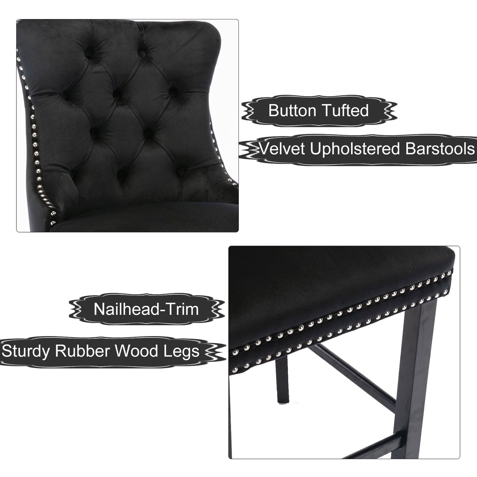 6X Velvet Bar Stools with Studs Trim Wooden Legs Tufted Dining Chairs Kitchen - Cosy Abode