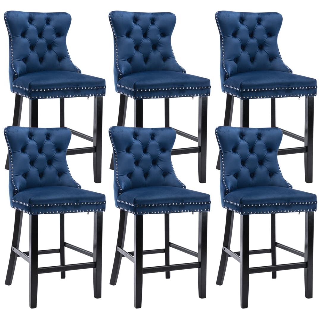 6X Velvet Bar Stools with Studs Trim Wooden Legs Tufted Dining Chairs Kitchen - Cosy Abode