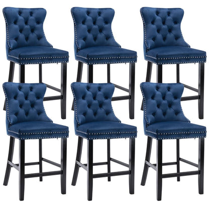 6X Velvet Bar Stools with Studs Trim Wooden Legs Tufted Dining Chairs Kitchen - Cosy Abode