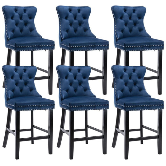 6X Velvet Bar Stools with Studs Trim Wooden Legs Tufted Dining Chairs Kitchen - Cosy Abode