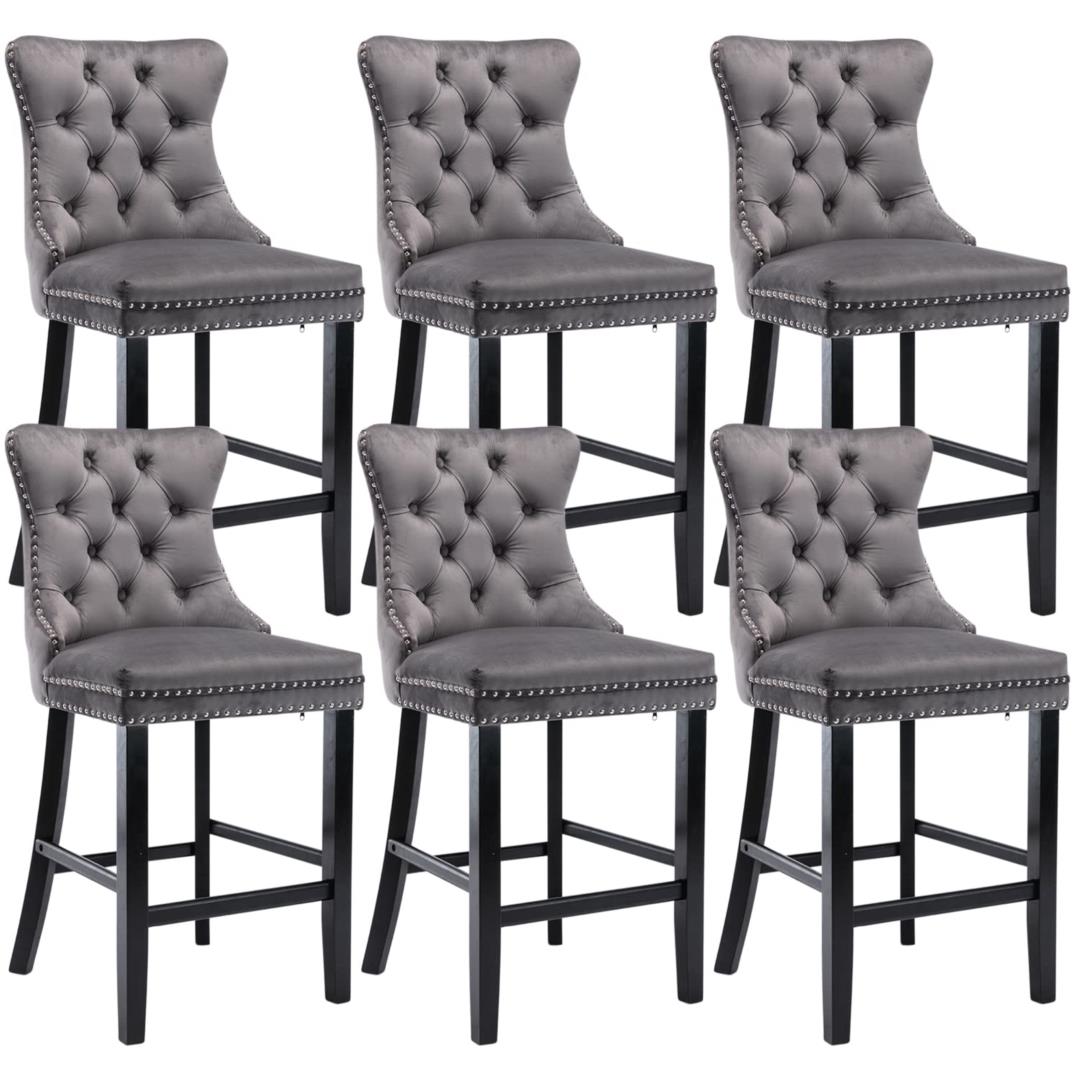 6X Velvet Bar Stools with Studs Trim Wooden Legs Tufted Dining Chairs Kitchen - Cosy Abode