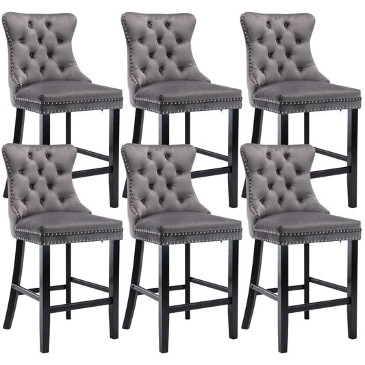 6X Velvet Bar Stools with Studs Trim Wooden Legs Tufted Dining Chairs Kitchen - Cosy Abode