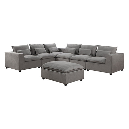 6 Seater Cloud Sectional Sofa in Belfast Fabric Grey Living Room Couch with Ottoman - Cosy Abode