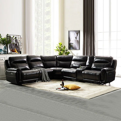 6 Seater Corner Sofa with Genuine Leather Black Armless Recliners Straight Console Lounge Set for Living Room - Cosy Abode