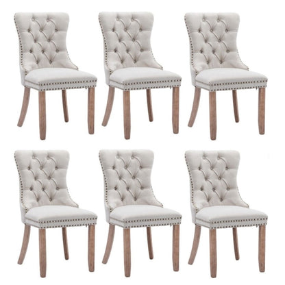 6x AADEN Modern Elegant Button-Tufted Upholstered Fabric with Studs Trim and Wooden legs Dining Side Chair-Beige - Cosy Abode