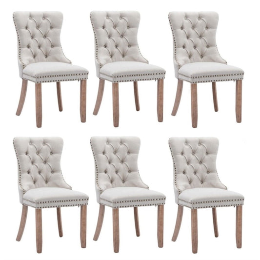 6x AADEN Modern Elegant Button-Tufted Upholstered Fabric with Studs Trim and Wooden legs Dining Side Chair-Beige - Cosy Abode