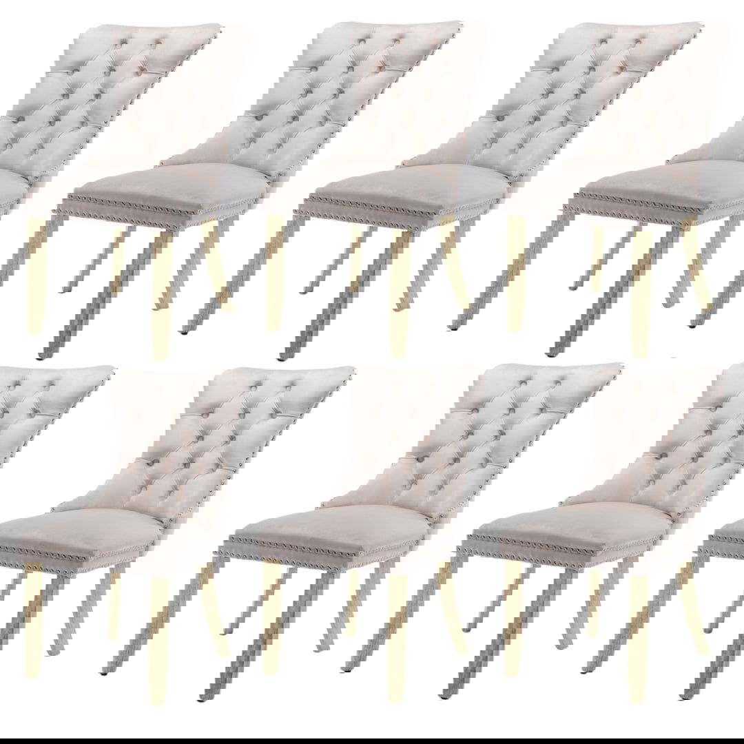 6x Velvet Dining Chairs Upholstered Tufted Kithcen Chair with Solid Wood Legs Stud Trim and Ring-Beige - Cosy Abode