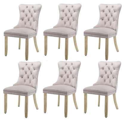 6x Velvet Dining Chairs Upholstered Tufted Kithcen Chair with Solid Wood Legs Stud Trim and Ring-Beige - Cosy Abode