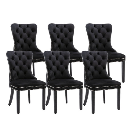 6x Velvet Dining Chairs Upholstered Tufted Kithcen Chair with Solid Wood Legs Stud Trim and Ring-Black - Cosy Abode