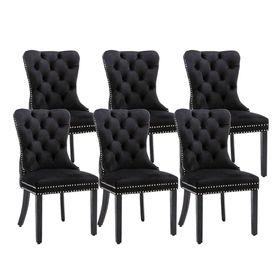 6x Velvet Dining Chairs Upholstered Tufted Kithcen Chair with Solid Wood Legs Stud Trim and Ring-Black - Cosy Abode